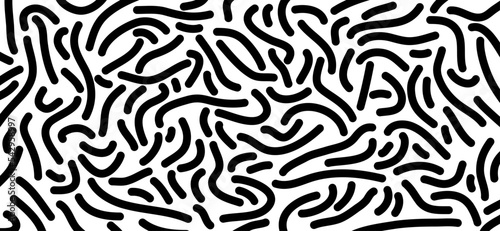 Cartoon black and white, colorful line pattern. Vector doodle seamless. Basic shape. Wavy organic rounded shapes. Abstract, ornament background. Retro memphis trendy desgin. Biological maze.