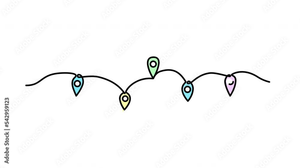 Location pointers, one line, self draw. Colourful pin pointers illustration. Travel, navigation concept. Alpha channel, luma matte. Location pointers, one line, self draw. Colourful pin pointers illustration. Travel, navigation concept. Alpha channel, luma matte.