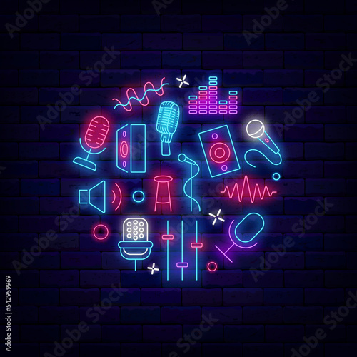 Music neon circle layout with musical icons. Stand up Comedy concert. Music festival banner. Vector stock illustration