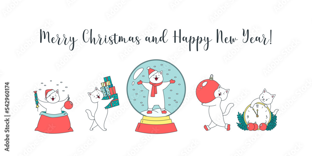 Merry Christmas and Happy New Year. Collection of cute kittens celebrating winter holidays isolated on a white background. Vector 10 EPS.