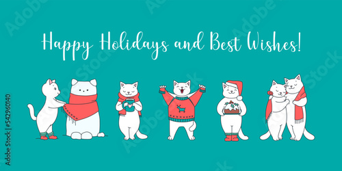 Happy Holidays and Best Wishes. Collection of cute kittens celebrating winter holidays isolated on a green background. Vector 10 EPS.
