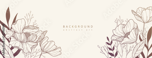 Botanical line bakground with flowers and leaves. Floral foliage for wedding invitation, wall art or card template. Vector illustration. Luxury rustic trendy art