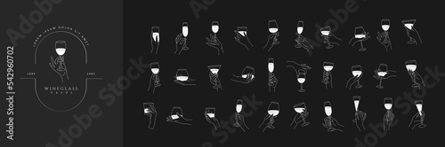 Collection of different woman hands gestures hold wineglass or drink cocktails. Minimal linear trendy style. Line icons or symbol of female hand for logo in restaurant or bar. Vector