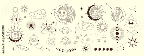 Set of celestial mystic esoteric magic elements sun moon and clouds Different stages of moon, zodiac Signs. Alchemy tattoo object logo template. Vector
