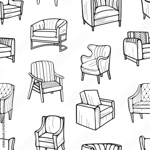 Armchairs and chairs seamless pattern. Hand-drawn vector illustration