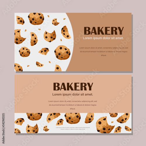 Set of two templates flyers design. Vector illustration of chocolate cookies with crumbs. Brown, beige, white horizontal background,copy-space isolated on gray.Bakeries,cafe,banners,cards concept.