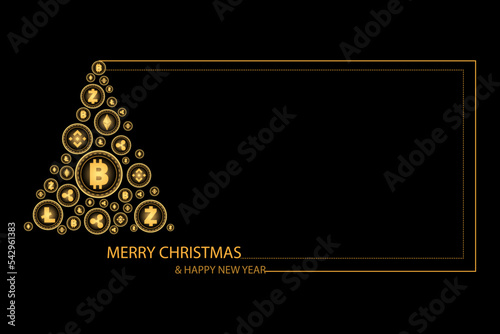 Christmas and New year concept. Golden Christmas tree by shiny cryptocurrency coin on black background.