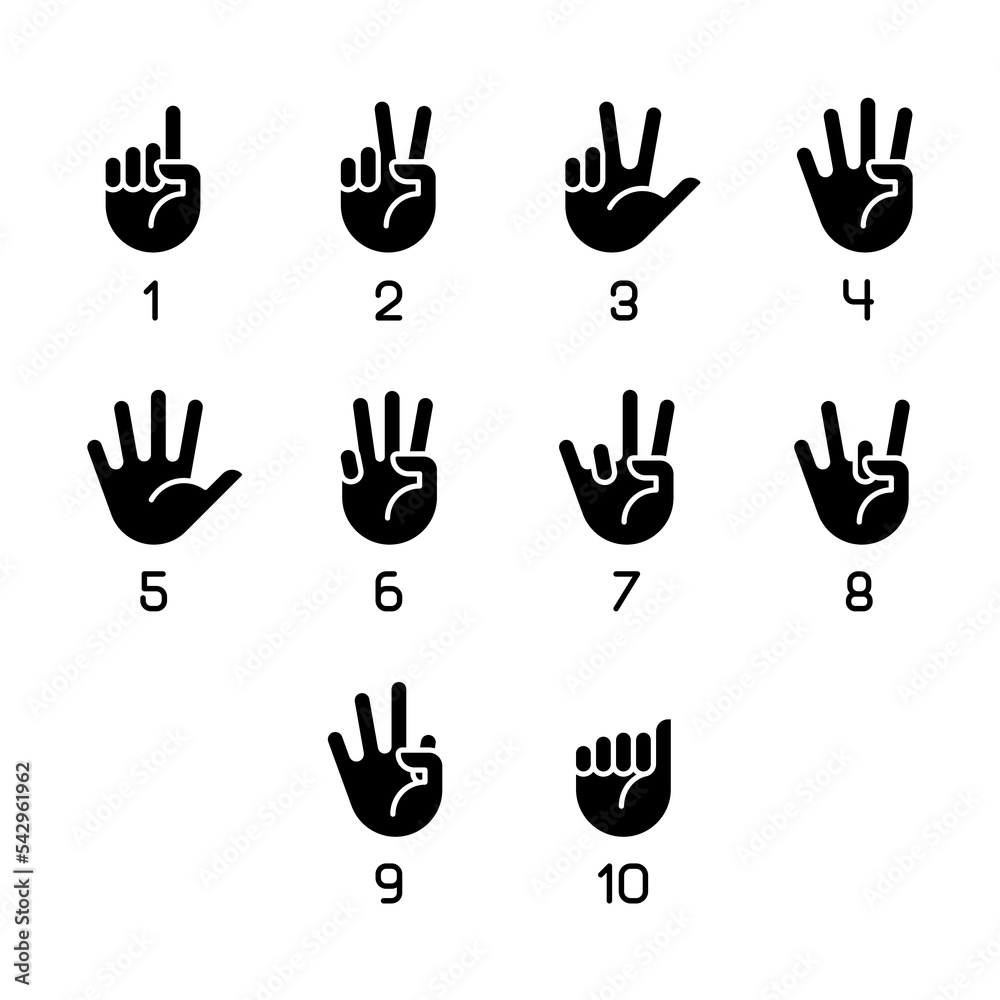 Digits in American sign language black glyph icons set on white space