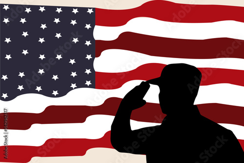 American flag and Silhouette of Soldier suitable for Veterans Day,Independence Day,Memorial Day,4th of July or Labour Day copyspace Background.