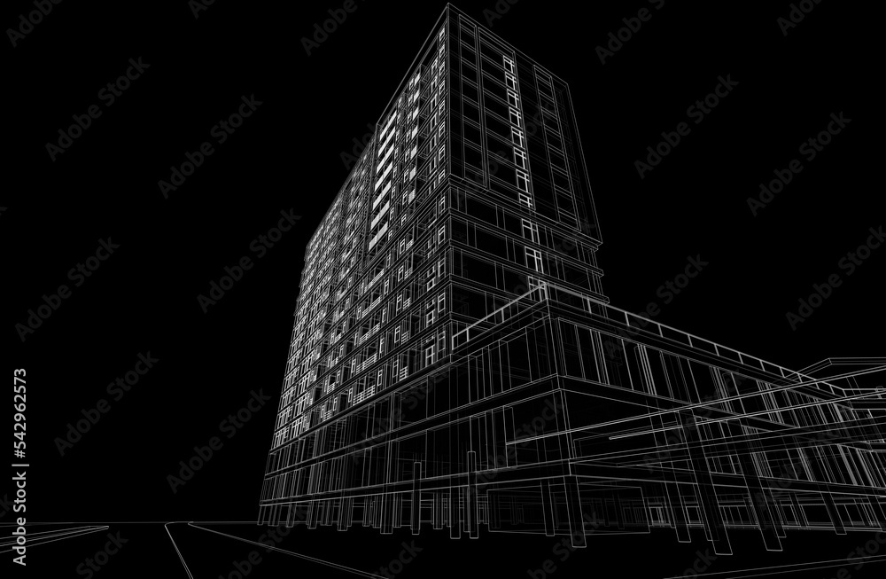 Fototapeta premium Modern building on black background linear 3d drawing