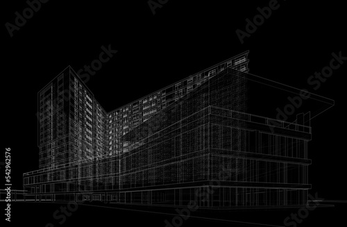 Modern building on black background linear 3d drawing