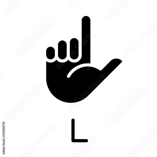 Letter L in American sign language black glyph icon. Communication system element. Talking by gestures. Silhouette symbol on white space. Solid pictogram. Vector isolated illustration