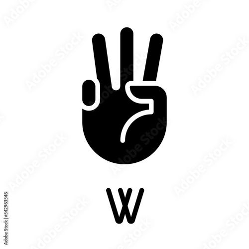 Letter W in American sign language black glyph icon. Nonverbal communication process. Unique gestures system. Silhouette symbol on white space. Solid pictogram. Vector isolated illustration