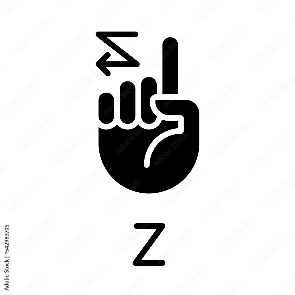Signing letter Z in ASL black glyph icon. American nonverbal language. Dealing with deafness problem. Silhouette symbol on white space. Solid pictogram. Vector isolated illustration Signing letter Z in ASL black glyph icon. American nonverbal language. Dealing with deafness problem. Silhouette symbol on white space. Solid pictogram. Vector isolated illustration
