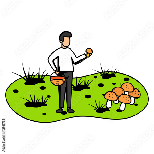 Autumn Season picking chanterelles fungus vector color icon design, Outdoor weekend Activity symbol, Tourist Holiday Scene Sign, Happy people at Vacation, Tourist picking mushrooms from Garden Concept