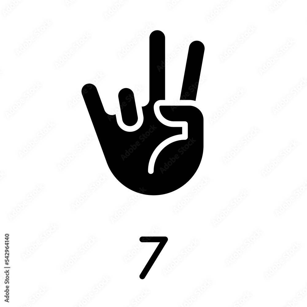 Digit seven sign in ASL black glyph icon. Number visual modality. Nonverbal communication and count system. Silhouette symbol on white space. Solid pictogram. Vector isolated illustration Digit seven sign in ASL black glyph icon. Number visual modality. Nonverbal communication and count system. Silhouette symbol on white space. Solid pictogram. Vector isolated illustration
