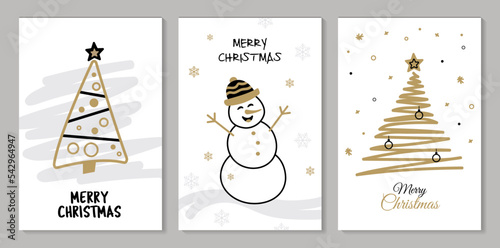 Christmas set cards or poster, hand drawn. With Gold Christmas trees, snowman