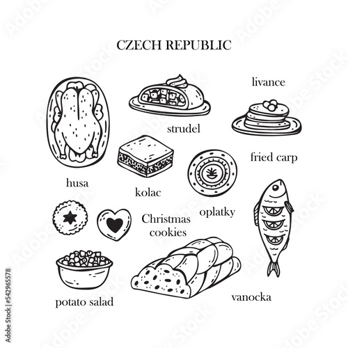 Vector set of illustrations of Czech Christmas dishes. New Year. Traditional Czech food.