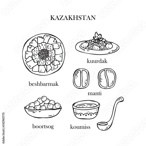 Vector set of illustrations of Kazakh Christmas dishes. New Year. Traditional food of Kazakhstan. photo