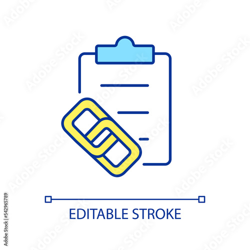 Making notes RGB color icon. Building association connections. Create linking. Notepad. Write summary. Isolated vector illustration. Simple filled line drawing. Editable stroke. Arial font used