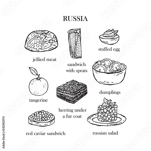 Vector set of illustrations of Russian Christmas dishes. New Year. Traditional food of Russia.
