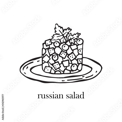 Vector illustration of a Russian dish - russian salad. Dishes for Christmas and New Year.