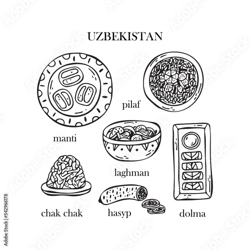 Vector set of illustrations of Uzbek Christmas dishes. New Year. Traditional food of Uzbekistan.