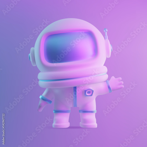 3D astronaut in a helmet waves his hand. The vector illustration is futuristic. Glossy illumination of the metaverse. Cute child character