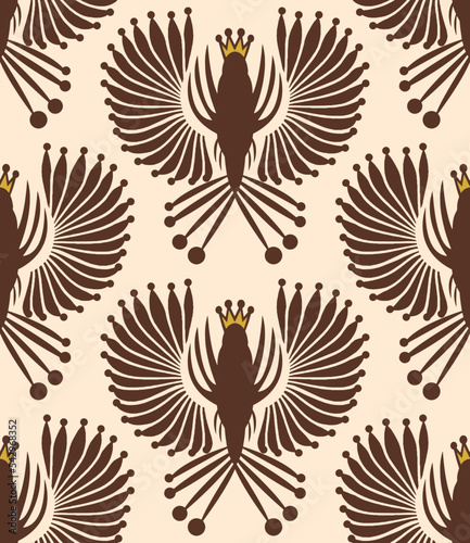 Abstract Hand Drawing Geometric Peacock Birds with Crowns Seamless Vector Pattern Isolated Background