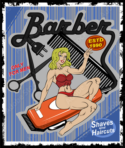 Vintage barbershop poster with pin up attractive blonde woman sitting on barber electric hair clipper with comb and scissors behind, vector illustration.
