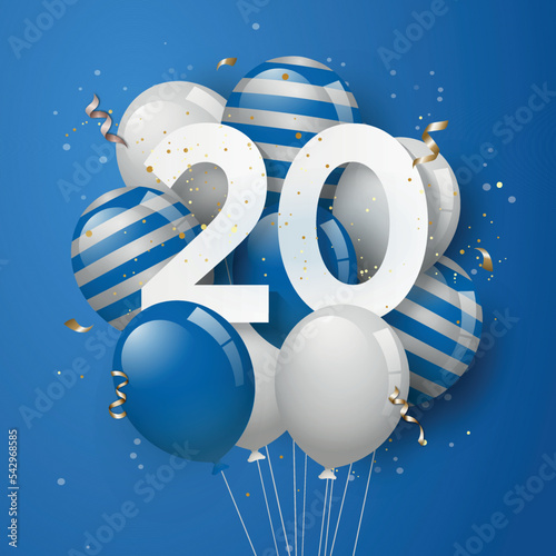 Happy 20th birthday with blue balloons greeting card background. 20 years anniversary. 20th celebrating with confetti. Vector stock