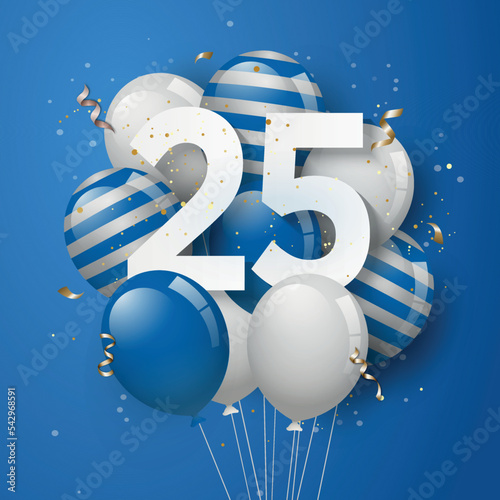 Happy 25th birthday with blue balloons greeting card background. 25 years anniversary. 25th celebrating with confetti. Vector stock