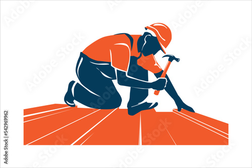 Worker using hammer on roof.  Vector illustration.