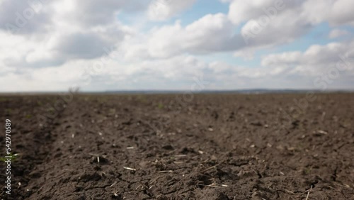 Agricultural landscape arable field. business agriculture concept. walk on brown black soil arable a land. preparation for sowing crops in agriculture landscape motion steadicam crop. farming field photo