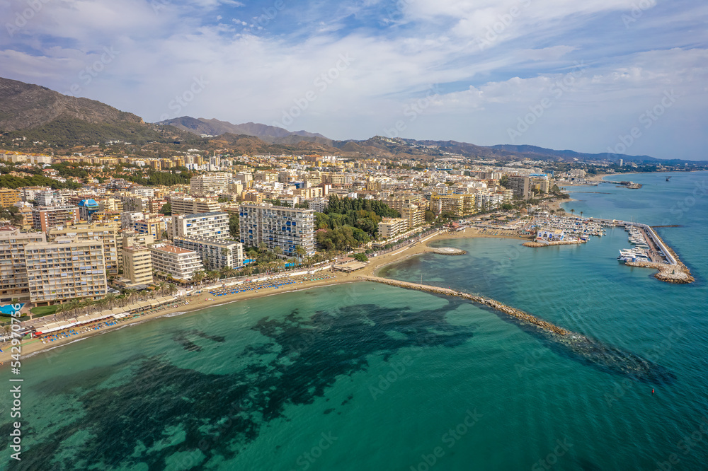 The drone aerial view of the beach and downtown district of Marbella,  Spain.Marbella is a city and municipality in southern Spain, belonging to the province of Málaga.