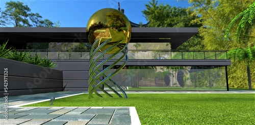 Amazing installation made of gold and chrome on the grass in a cozy green park on the territiry og the contemporary estate. 3d rendering. photo