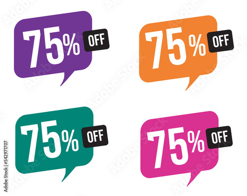 75 percent discount. purple, orange, green and pink balloons for promotions and offers. Vector Illustration on white background.