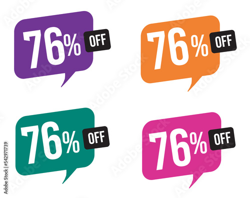 76 percent discount. purple, orange, green and pink balloons for promotions and offers. Vector Illustration on white background.