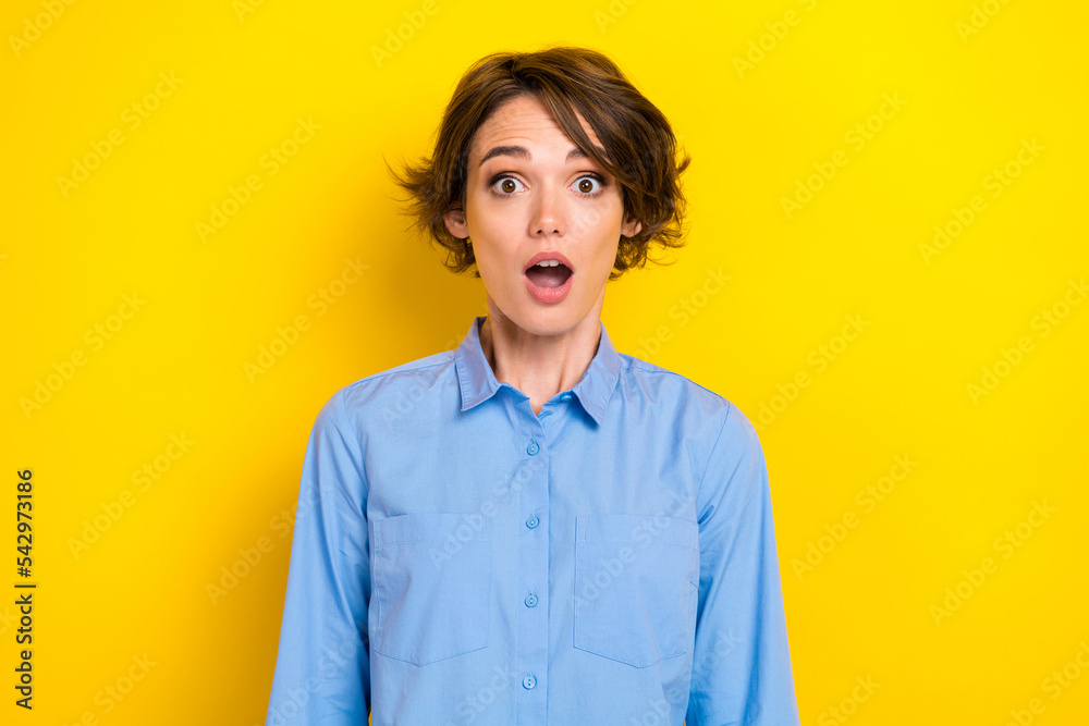 Photo of young adorable pretty nice woman wear formal blue cute shirt office manager unexpected deadline tomorrow isolated on yellow color background Photo of young adorable pretty nice woman wear formal blue cute shirt office manager unexpected deadline tomorrow isolated on yellow color background