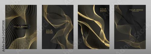 Luxury  cover design set. Gold abstract stripe pattern (guilloche curves) in premium black and gold colors. Elegant wavy line vector layout for brochure template, business card, certificate, catalog