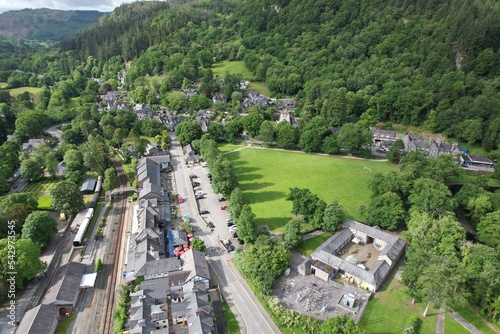 Photos Railway station and car park Betws y coed north Wales UK drone aerial view