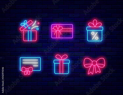 Present and gift box neon icons collection. Birthday celebration. Winner concept. Vector illustration