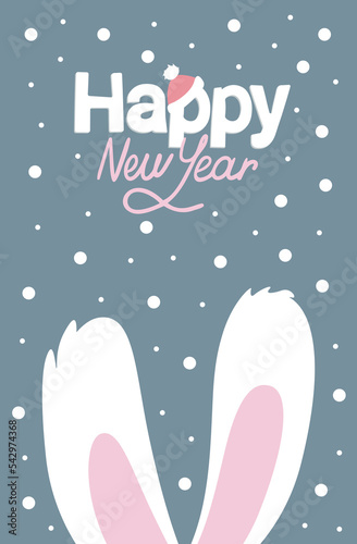Colorful greeting card template for New Year, rabbit ears, snowflakes, Christmas hat and lettering