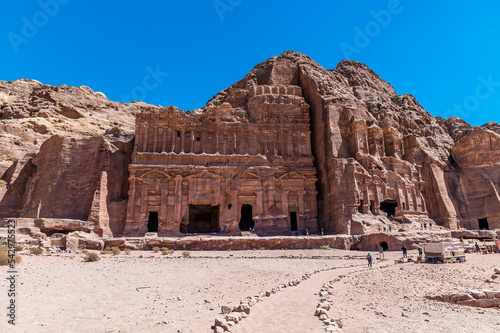 A view approaching the Royal Tombs in the ancient city of Petra, Jordan in summertime