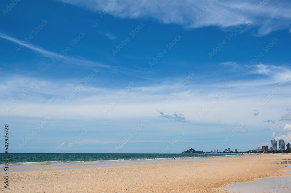 Landscape view of huahin beach with endless horizon at Prachuap Khiri Khan thaailand.Hua Hin Beach is one of the most popular beaches in Thailand