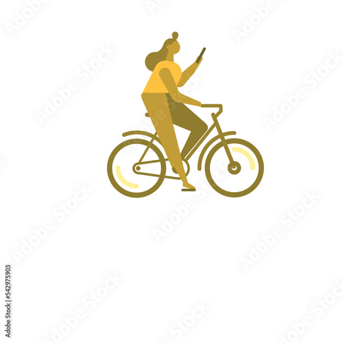 A green female icon bicycling while looking at her phone on white square-shaped background  with space to write your text 