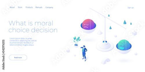 Moral decision concept in isometric vector design. Person ethics, manners and character choice metaphor. Web banner layout template
