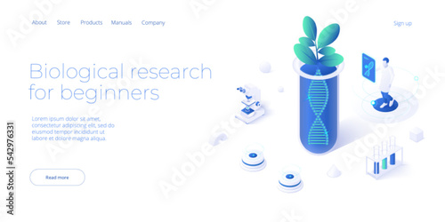 Biological research concept in isometric vector illustration. Scientist looking through microscope at plant dna spiral. Web banner layout template