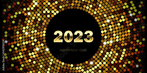 2023 New Year gold glittering background. Vector New Year Eve sparkle background with golden 2023 number