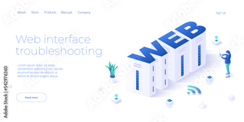 Web word as concept for internet in isometric vector design. Computer network and technology. Online hosting service and storage. Web banner layout template